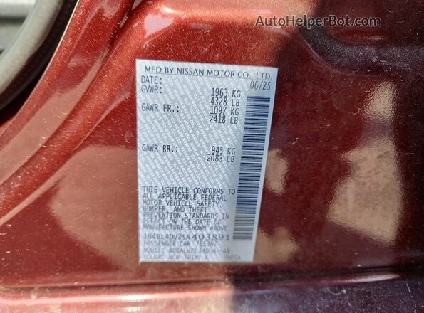 1N4BL4DV2SN403891 2025 NISSAN ALTIMA Burgundy ძრავის განყოფილების ხედი