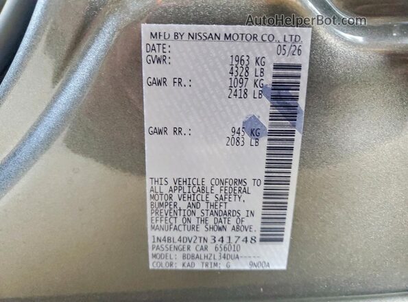 1N4BL4DV2TN341748 2026 NISSAN ALTIMA Серый Вид наклейки с VIN-кодом