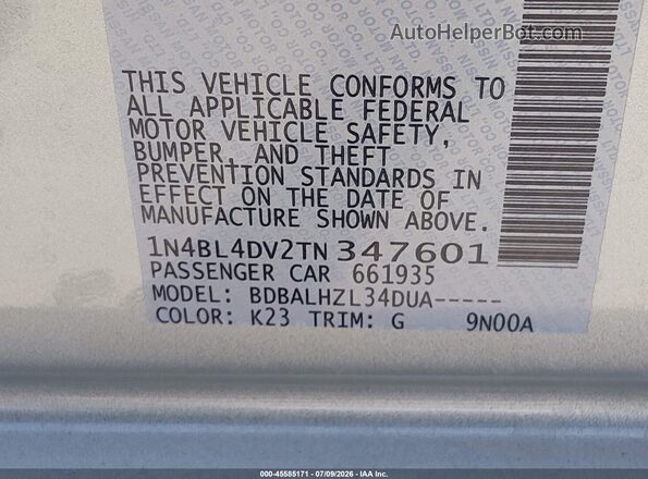 1N4BL4DV2TN347601 2026 NISSAN ALTIMA Серебряный Вид подкапотного пространства