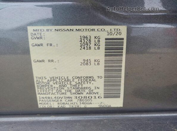 1N4BL4DV3MN308016 2021 NISSAN ALTIMA Gray Vista del compartimento del motor