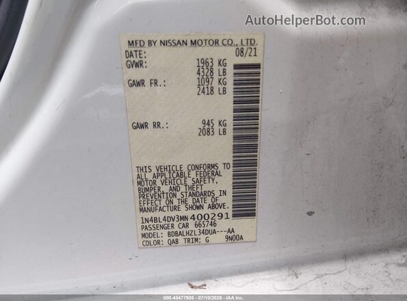 1N4BL4DV3MN400291 2021 NISSAN ALTIMA White Вид наклейки з VIN-кодом