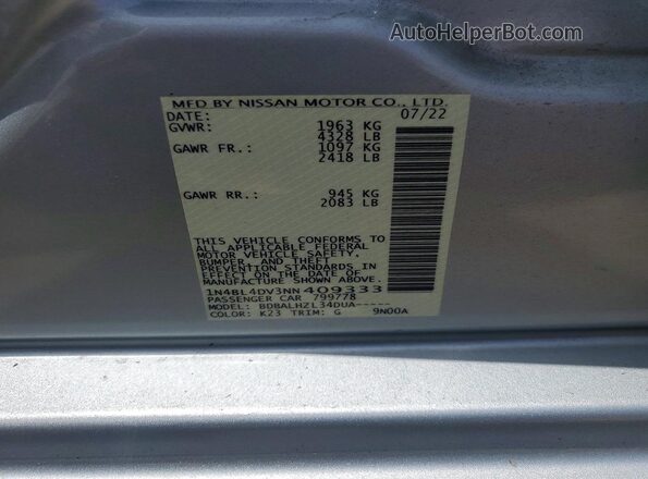 1N4BL4DV3NN409333 2022 NISSAN ALTIMA Silver Widok naklejki z numerem VIN