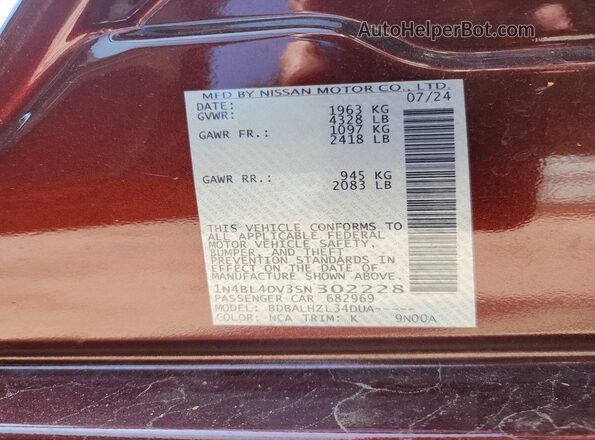 1N4BL4DV3SN302228 2025 NISSAN ALTIMA Бордовый Вид наклейки с VIN-кодом