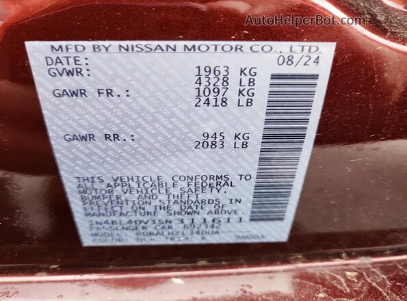 1N4BL4DV3SN311611 2025 NISSAN ALTIMA Red VIN կոդի պիտակի տեսք