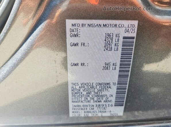1N4BL4DV3SN389516 2025 NISSAN ALTIMA Silver Vista de la etiqueta del VIN