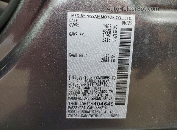 1N4BL4DV3SN404645 2025 NISSAN ALTIMA Gray ძრავის განყოფილების ხედი