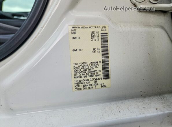 1N4BL4DV4KC135664 2019 NISSAN ALTIMA Белый Вид подкапотного пространства