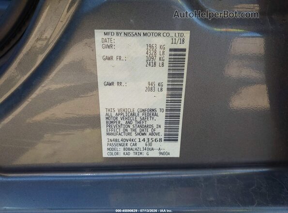 1N4BL4DV4KC143568 2019 NISSAN ALTIMA Gray Vista del compartimento del motor