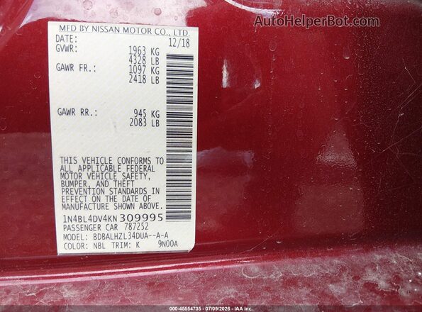 1N4BL4DV4KN309995 2019 NISSAN ALTIMA Burgundy Widok komory silnika