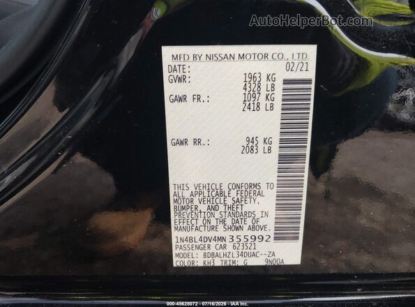 1N4BL4DV4MN355992 2021 NISSAN ALTIMA Black Widok komory silnika