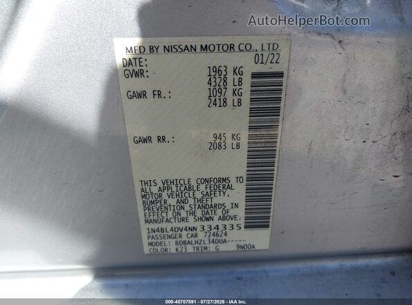1N4BL4DV4NN334335 2022 NISSAN ALTIMA Silver ძრავის განყოფილების ხედი