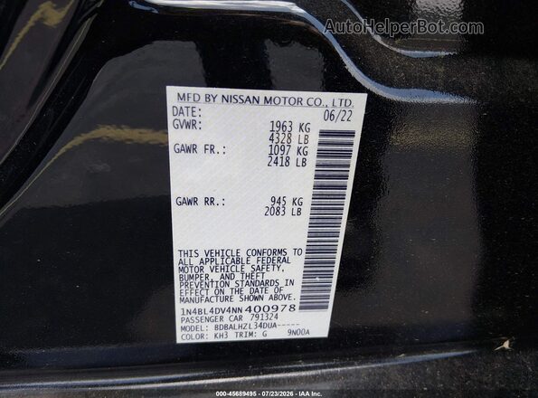 1N4BL4DV4NN400978 2022 NISSAN ALTIMA Black Engine compartment view