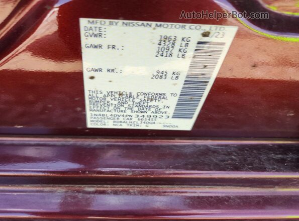 1N4BL4DV4PN349923 2023 NISSAN ALTIMA Burgundy ძრავის განყოფილების ხედი