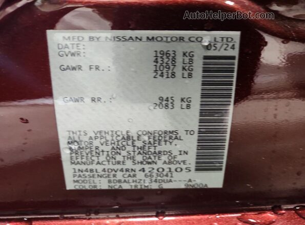 1N4BL4DV4RN420105 2024 NISSAN ALTIMA Maroon Շարժիչի բաժամունքի տեսք