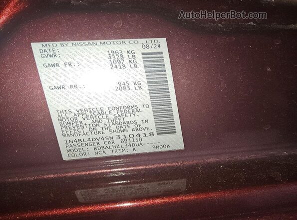 1N4BL4DV4SN310418 2025 NISSAN ALTIMA Red VIN կոդի պիտակի տեսք