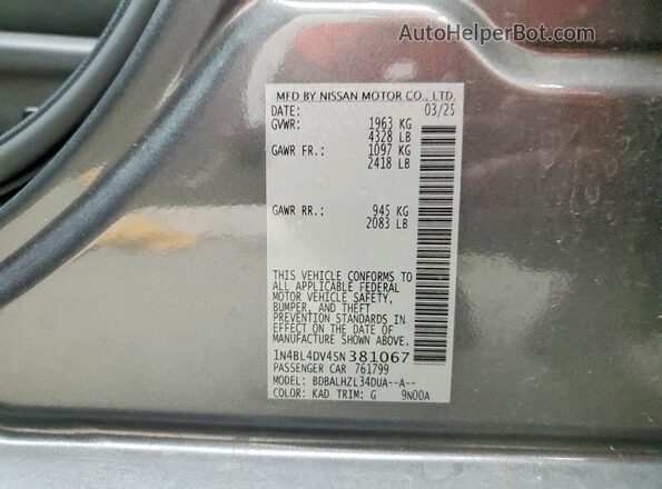 1N4BL4DV4SN381067 2025 NISSAN ALTIMA Серый Вид наклейки с VIN-кодом