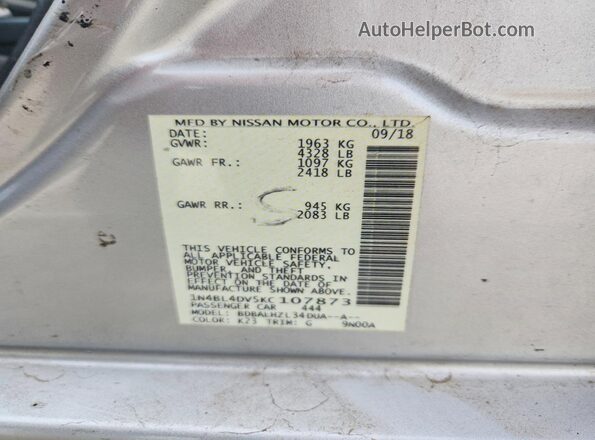 1N4BL4DV5KC107873 2019 NISSAN ALTIMA Silver VIN კოდის სტიკერის ხედი