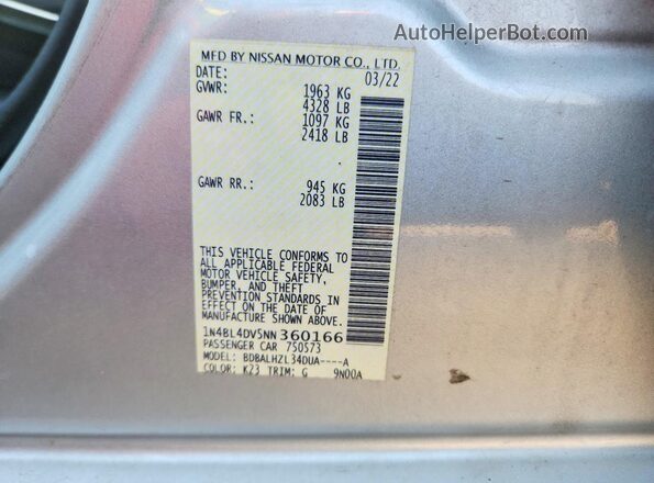 1N4BL4DV5NN360166 2022 NISSAN ALTIMA Silver Շարժիչի բաժամունքի տեսք