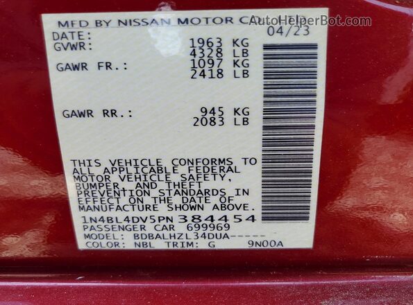 1N4BL4DV5PN384454 2023 NISSAN ALTIMA Red Engine compartment view