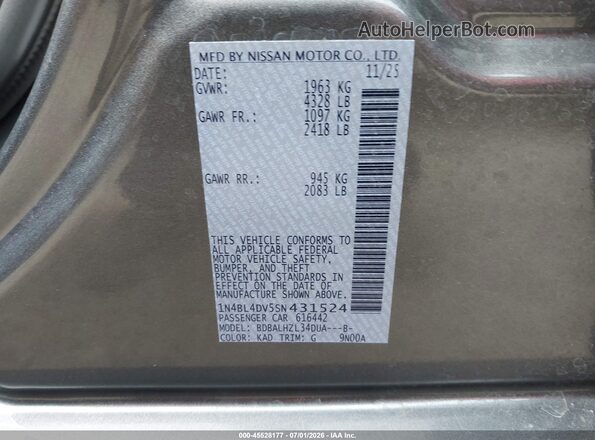 1N4BL4DV5SN431524 2025 NISSAN ALTIMA Gray Vista del compartimento del motor