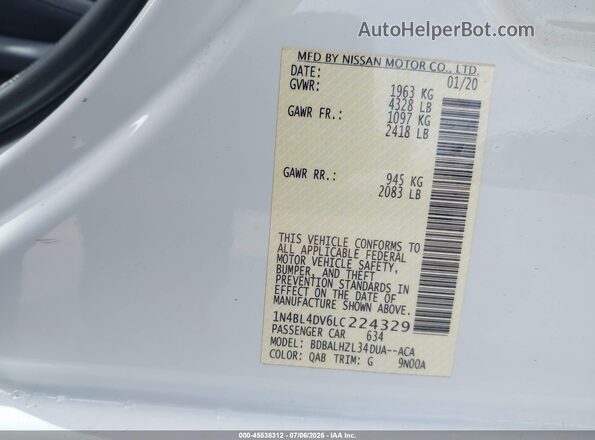 1N4BL4DV6LC224329 2020 NISSAN ALTIMA White Widok komory silnika