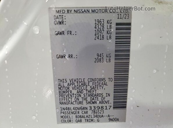 1N4BL4DV6RN339817 2024 NISSAN ALTIMA Белый Вид наклейки с VIN-кодом