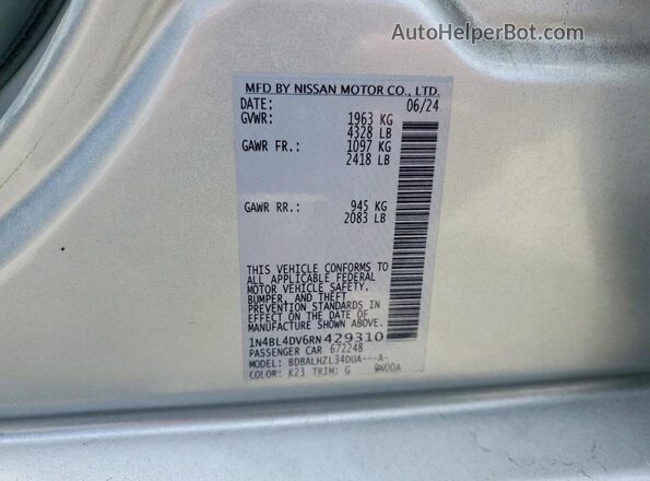 1N4BL4DV6RN429310 2024 NISSAN ALTIMA Серебряный Вид наклейки с VIN-кодом