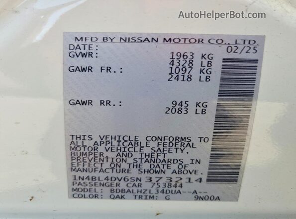 1N4BL4DV6SN373214 2025 NISSAN ALTIMA White Շարժիչի բաժամունքի տեսք