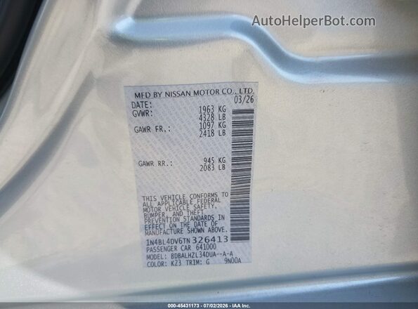 1N4BL4DV6TN326413 2026 NISSAN ALTIMA Silver Շարժիչի բաժամունքի տեսք
