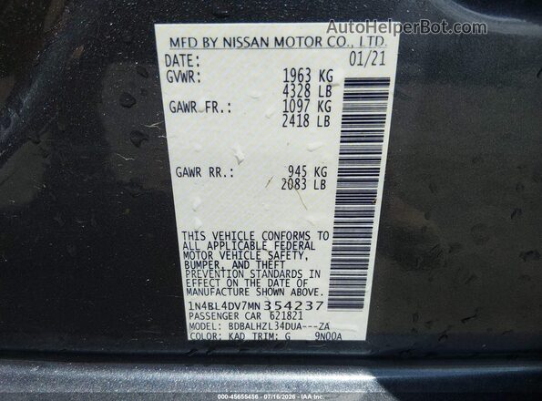 1N4BL4DV7MN354237 2021 NISSAN ALTIMA Серый Вид подкапотного пространства