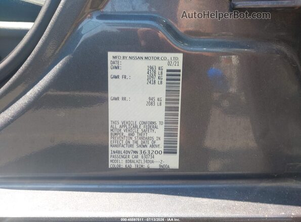 1N4BL4DV7MN363200 2021 NISSAN ALTIMA Gray Vista del compartimento del motor