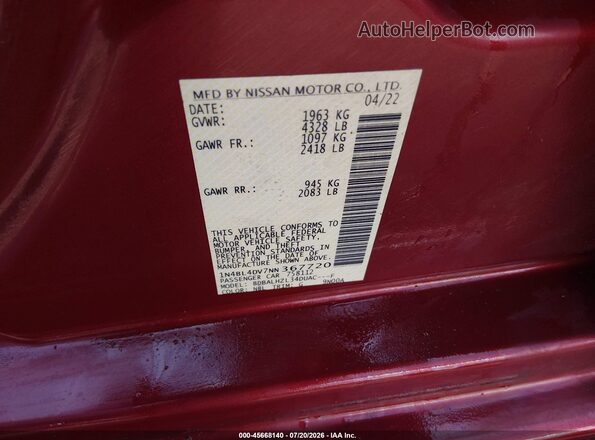 1N4BL4DV7NN367720 2022 NISSAN ALTIMA Red Вид підкапотного простору