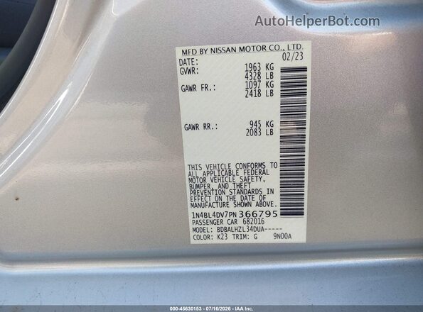 1N4BL4DV7PN366795 2023 NISSAN ALTIMA Silver Vista del compartimento del motor