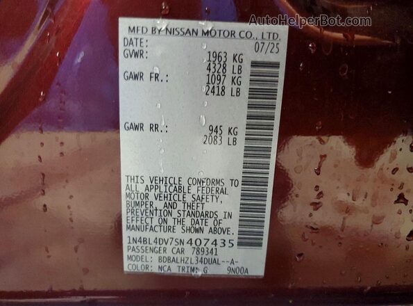 1N4BL4DV7SN407435 2025 NISSAN ALTIMA Burgundy Вид підкапотного простору