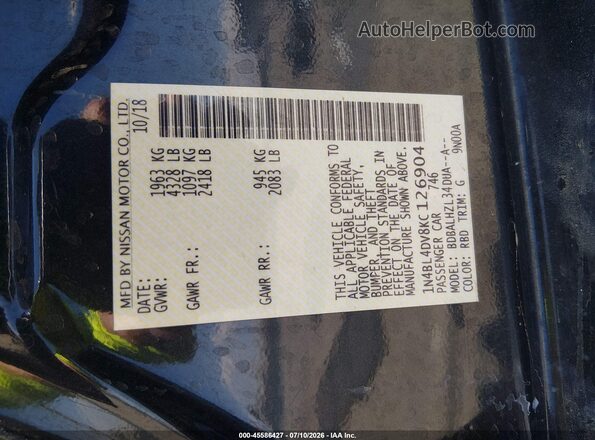 1N4BL4DV8KC126904 2019 NISSAN ALTIMA Черный Вид подкапотного пространства