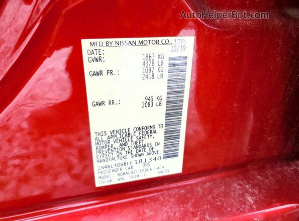 1N4BL4DV8LC181340 2020 NISSAN ALTIMA Red ძრავის განყოფილების ხედი