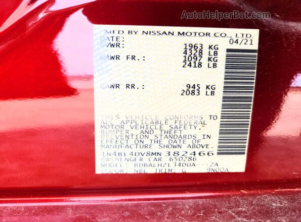 1N4BL4DV8MN382466 2021 NISSAN ALTIMA Red ძრავის განყოფილების ხედი