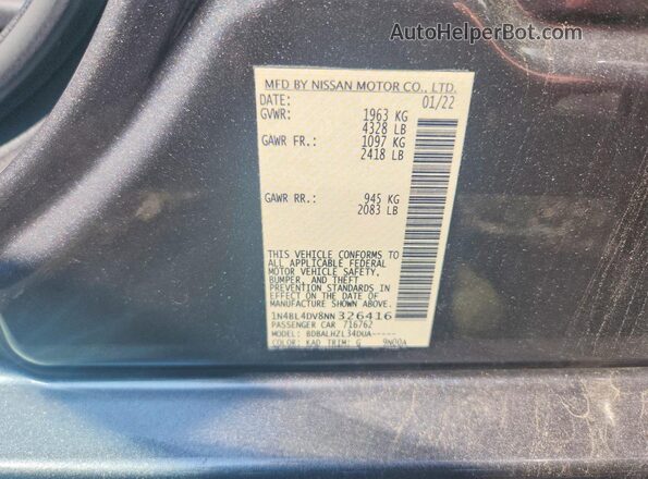 1N4BL4DV8NN326416 2022 NISSAN ALTIMA Gray Widok naklejki z numerem VIN
