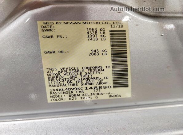 1N4BL4DV9KC148880 2019 NISSAN ALTIMA Silver Vista de la etiqueta del VIN