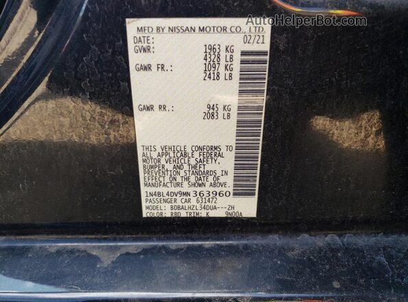 1N4BL4DV9MN363960 2021 NISSAN ALTIMA Black ძრავის განყოფილების ხედი