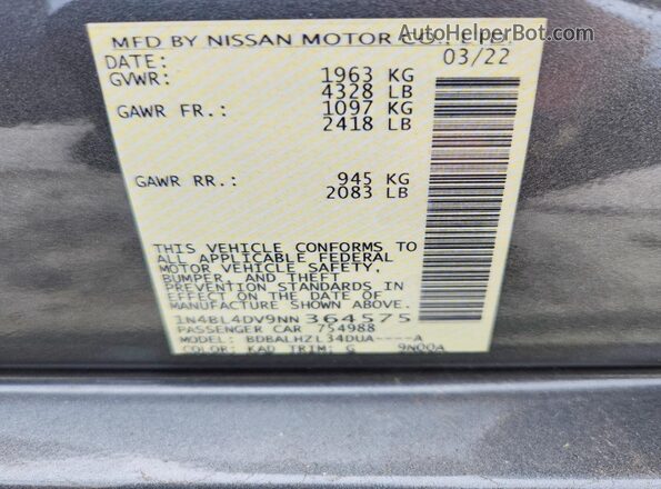 1N4BL4DV9NN364575 2022 NISSAN ALTIMA Gray Vista del compartimento del motor
