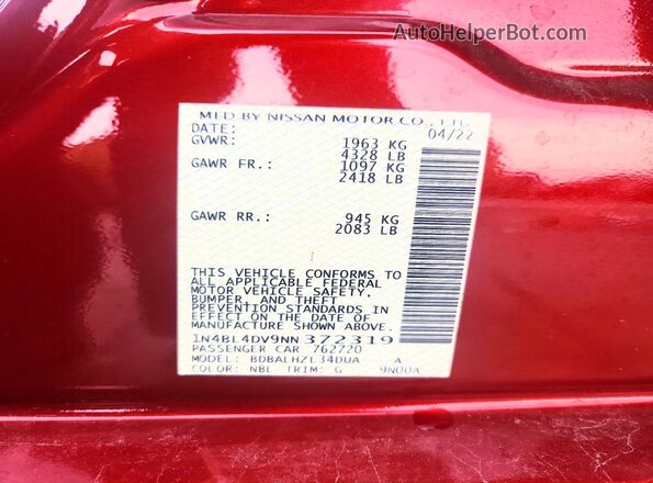 1N4BL4DV9NN372319 2022 NISSAN ALTIMA Burgundy ძრავის განყოფილების ხედი