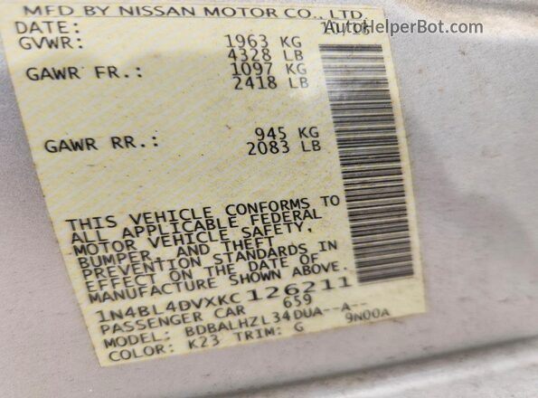1N4BL4DVXKC126211 2019 NISSAN ALTIMA Серебряный Вид наклейки с VIN-кодом