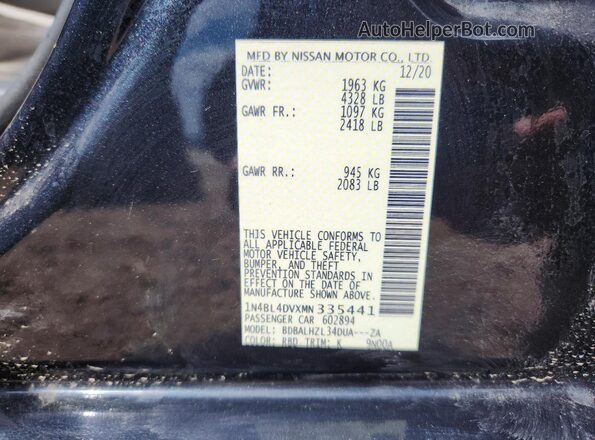 1N4BL4DVXMN335441 2021 NISSAN ALTIMA Черный Вид подкапотного пространства