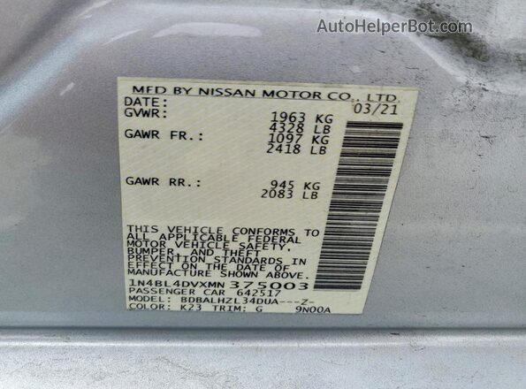 1N4BL4DVXMN375003 2021 NISSAN ALTIMA Silver Շարժիչի բաժամունքի տեսք