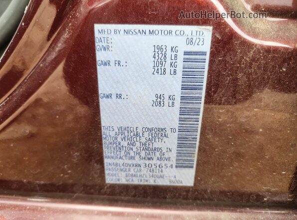 1N4BL4DVXRN305654 2024 NISSAN ALTIMA Темно-бордовый Вид наклейки с VIN-кодом