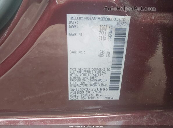 1N4BL4DVXRN336886 2024 NISSAN ALTIMA Burgundy Widok komory silnika