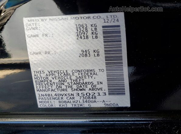 1N4BL4DVXSN350213 2025 NISSAN ALTIMA Black Widok naklejki z numerem VIN