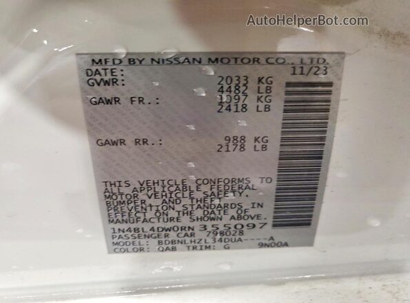 1N4BL4DW0RN355097 2024 NISSAN ALTIMA White VIN კოდის სტიკერის ხედი