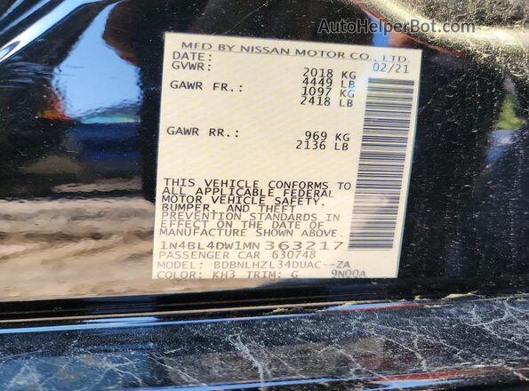 1N4BL4DW1MN363217 2021 NISSAN ALTIMA Black VIN კოდის სტიკერის ხედი